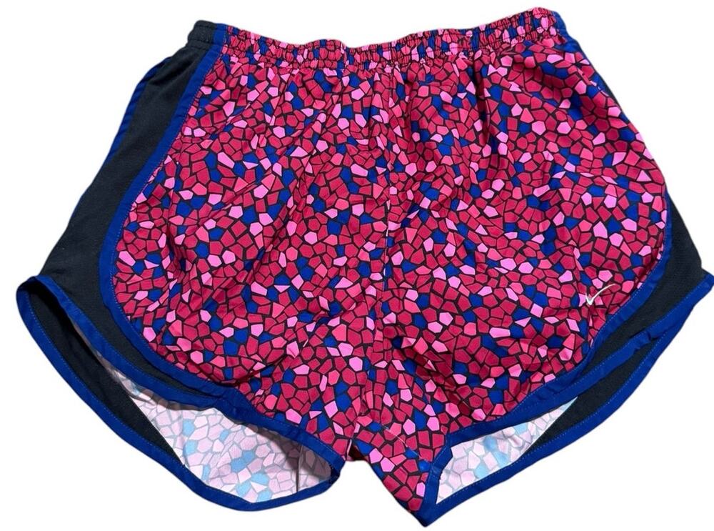 Nike Tempo Running Shorts, Pink Blue Geometric Mosaic, Brief Lined, Women Medium
